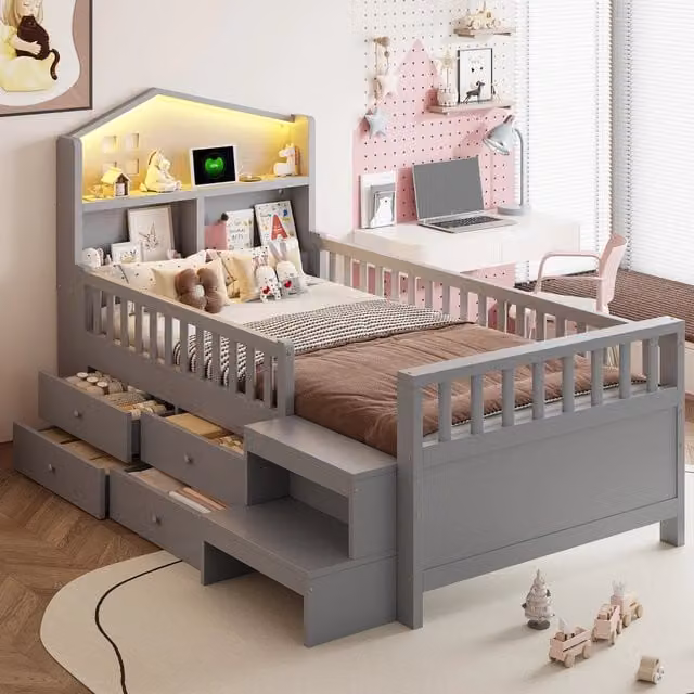 Letto per bambini 90 x 200 cm, sponda di sicurezza, quattro cassetti, scalini, luci LED, USB e Type-C, legno massello - Grigio
