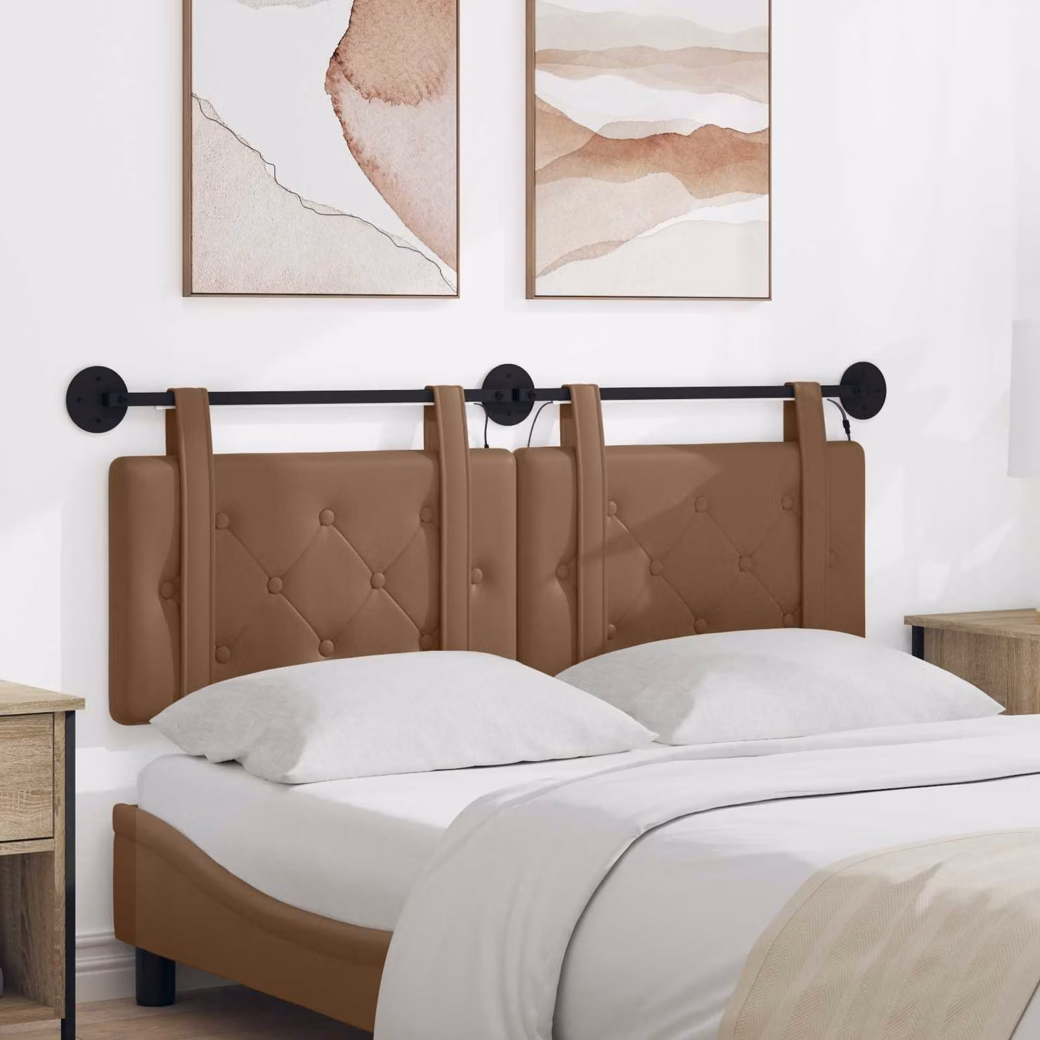 Testiera per letto sospesa vidaXL con luce LED integrata in similpelle color cappuccino, L: 130 cm, H: 55 cm, P: 5 cm