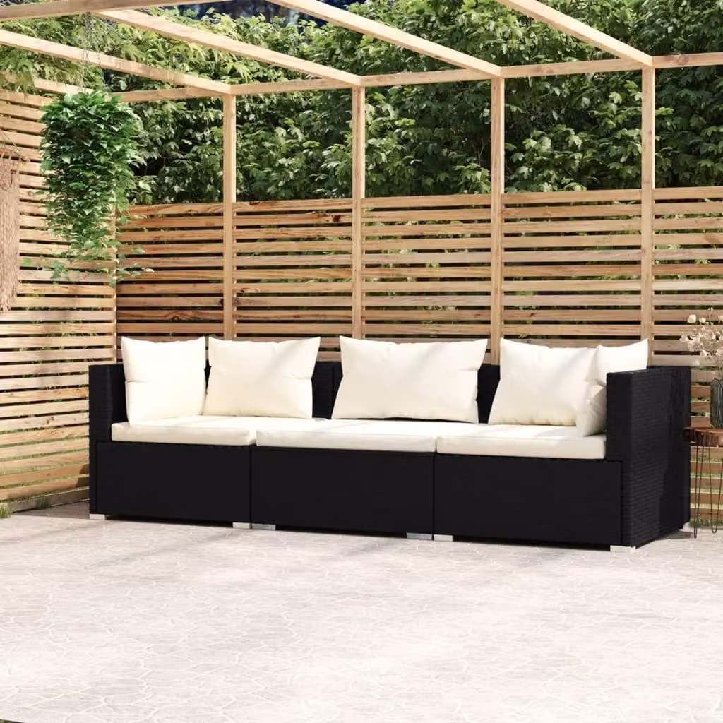 The Living Store Divano a 3 posti con cuscini in poly rattan nero