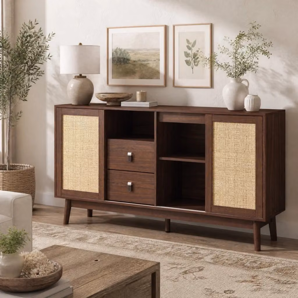 Credenza MIVRAY in stile mid-century con 3 ante scorrevoli in rattan e 2 cassetti, finitura legno scuro marrone, L: 155 cm, P: 38 cm, H: 80 cm – 2