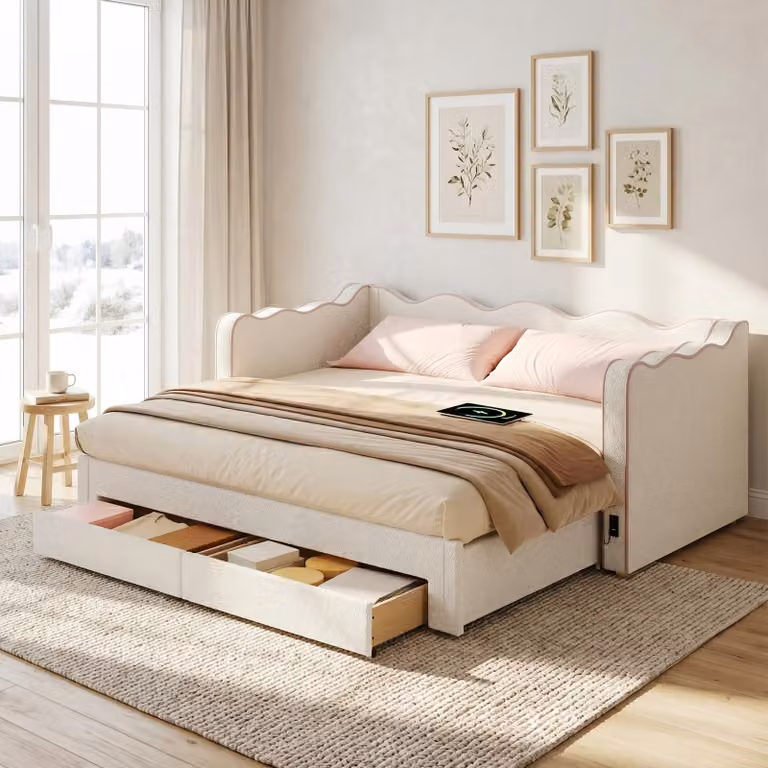 Divano letto Flieks 90x200 cm con meccanismo estraibile, letto imbottito con porte USB e Type-C, divano letto con cassetti, letto singolo in tessuto bouclé, color beige