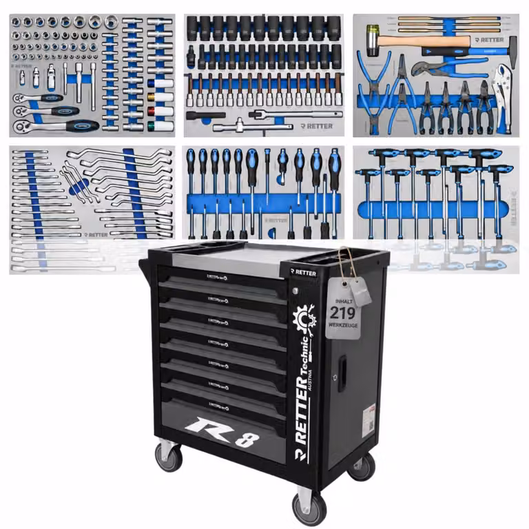 Carrello attrezzi R8 con 219 pezzi | 7 cassetti - Carrello da officina RETTER, edizione Carbon