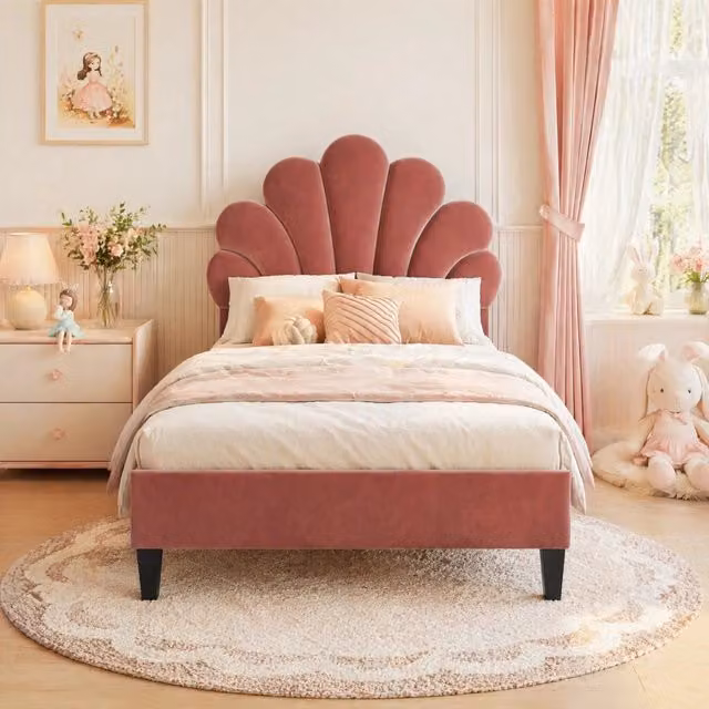 Letto singolo Mivray con testiera imbottita a fiori in velluto rosso, L/P/H: 90 x 200 cm