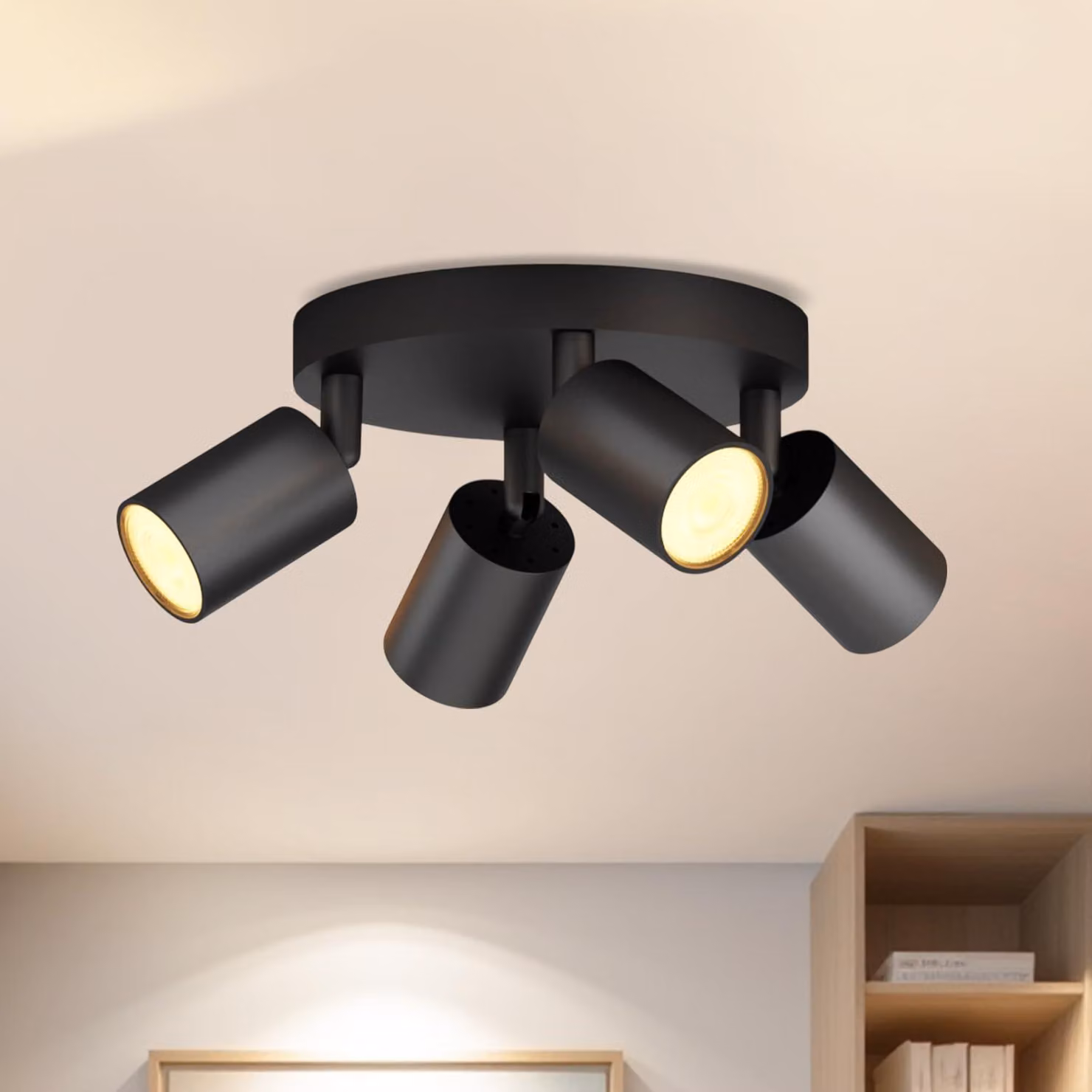 LVWIT Plafoniera LED a 4 luci, rotonda, attacco GU10, lampada da soffitto LED orientabile, nera, plafoniera, faretti rotanti, design moderno, 4 luci per soggiorno, camera da letto, cucina (senza lampadine)