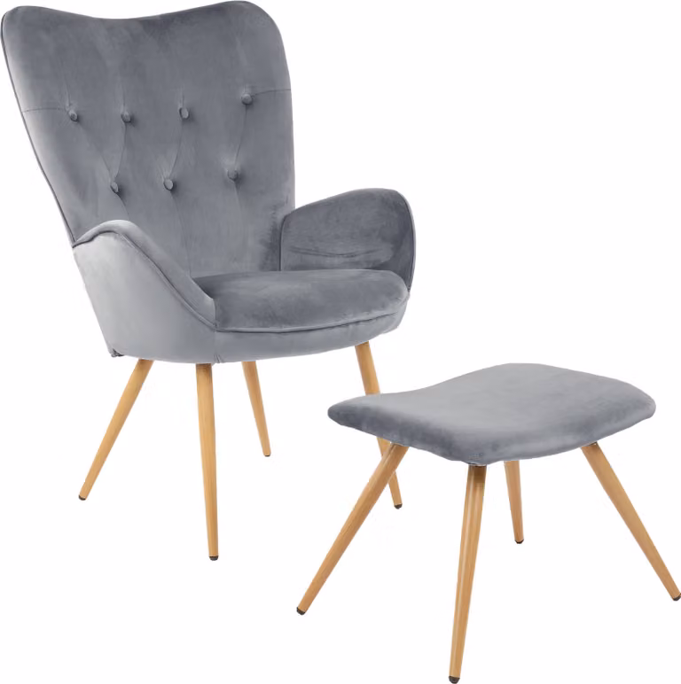 Poltrona Albatros con sgabello YORK, rivestimento in velluto, comodamente imbottita, poltrona TV, poltrona imbottita, colore poltrona:Grigio