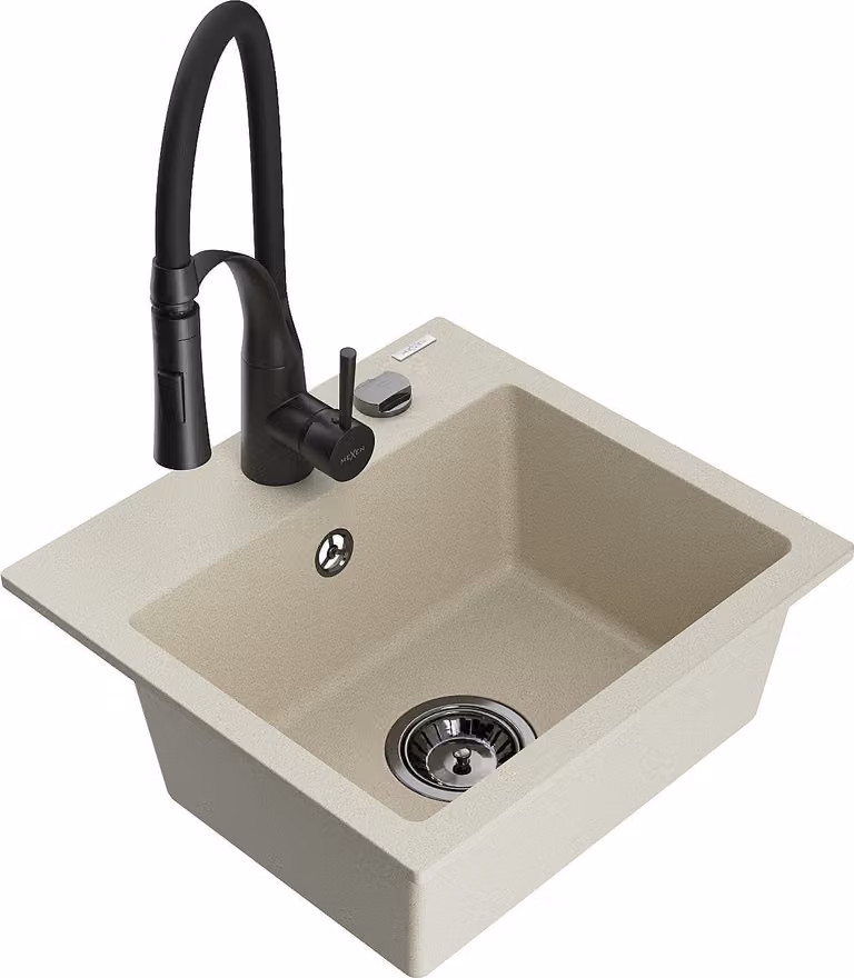 Mexen Milo lavello da cucina in granito con 1 vasca e miscelatore Aster, beige - 6505-69-73450-70-B
