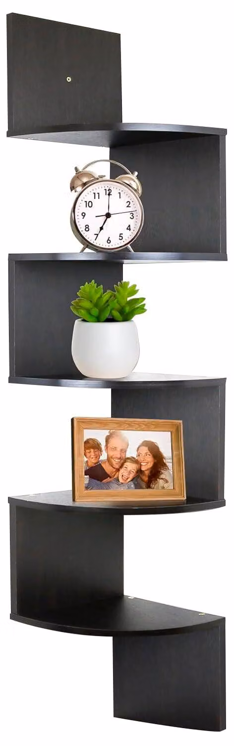 Mensole a parete, scaffale angolare, 5 ripiani, pannello truciolare da 15 mm, modello Dallas, colore nero, 123 cm, per soggiorno