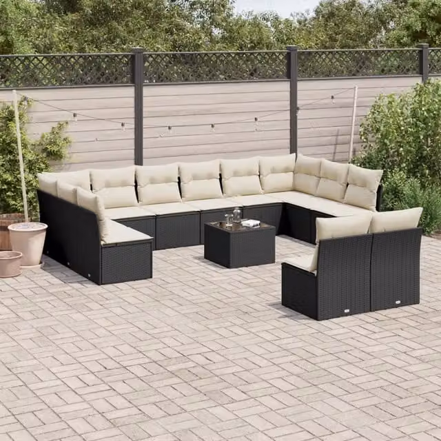 Set di Divani da Giardino VIDAXL in Polyrattan Nero con 13 Pezzi e Cuscini