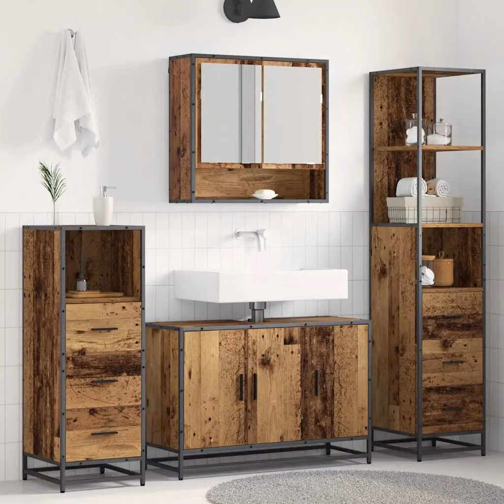 Set di mobili per il bagno moderno vidaXL in legno vecchio marrone composto da armadietto con specchio, mobile lavabo e colonna alta, L/P/H: 65,5 x 35,0 x 166,0 cm