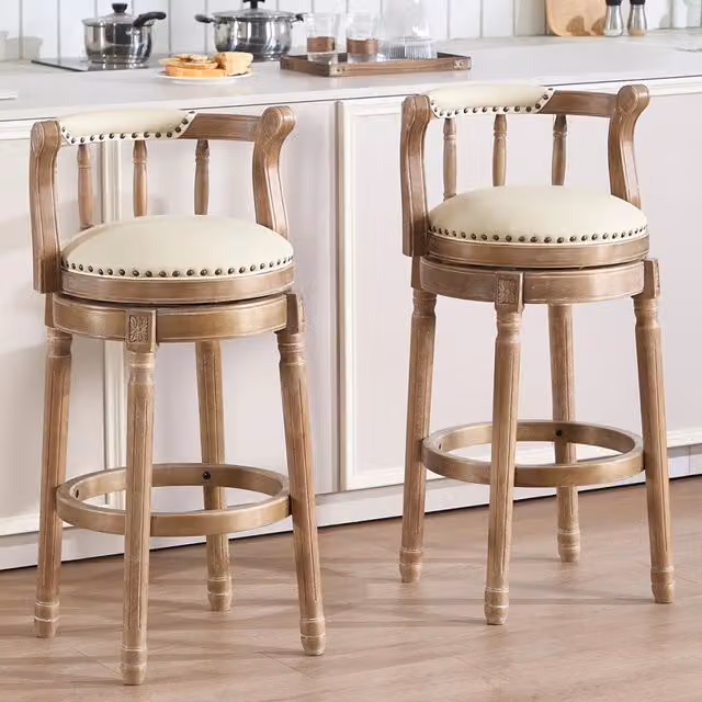 Sgabello da bar girevole 360° con schienale; seduta in vera pelle; bianco; altezza 29;5″