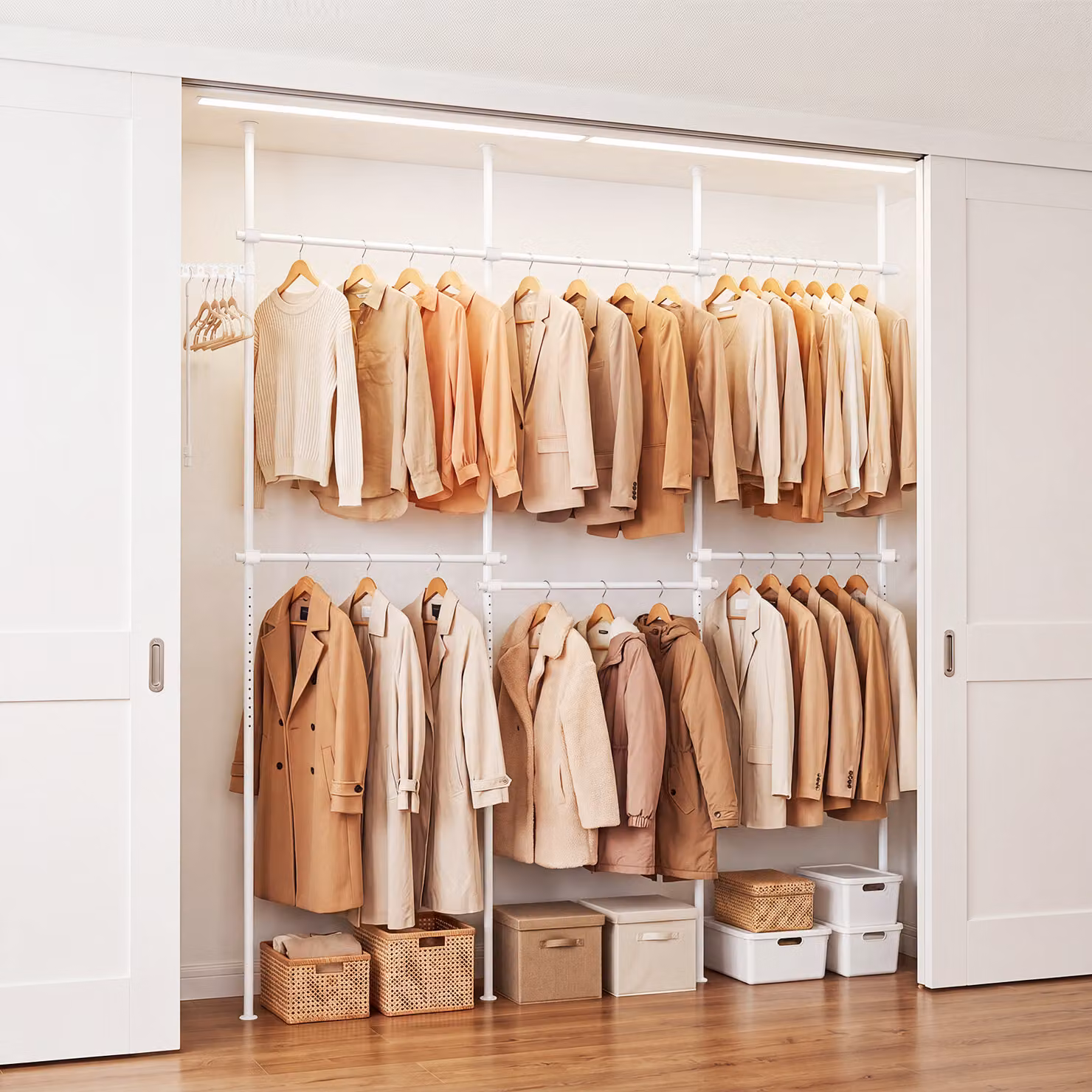 Barra appendiabiti da parete Costway in metallo pieghevole per ingresso e guardaroba, Bianco, L: 210-369 cm x H: 110-315 cm