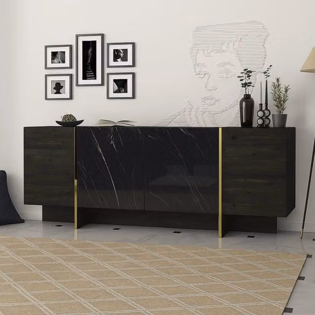 Credenza Asto, Buffet da soggiorno, Madia da salotto, Dispensa da cucina, 180x47h76 cm, Nero e Oro