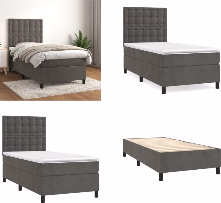 vidaXL Letto a molle con materasso grigio scuro 100x200 cm in velluto - Letto a molle - Boxspringbetten - Bett - Schlafzimmermöbel