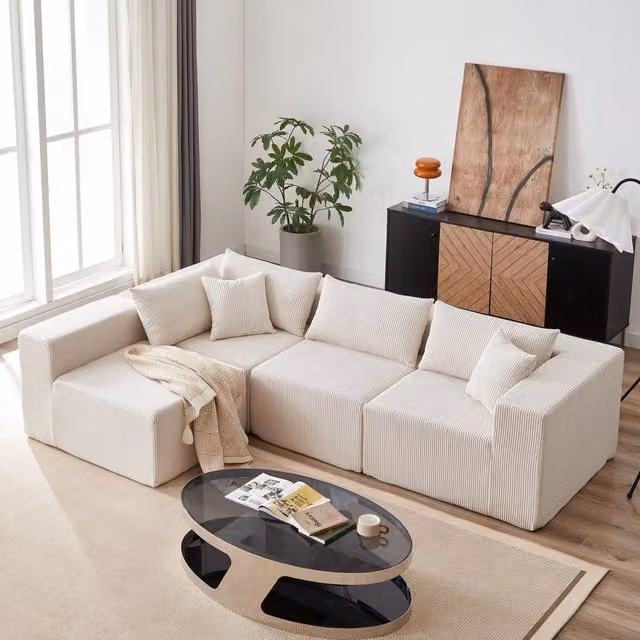 Divano ad angolo - Divano a 4 posti - Set modulare - Velluto a coste - Mobili imbottiti - Imbottitura in schiuma - Beige