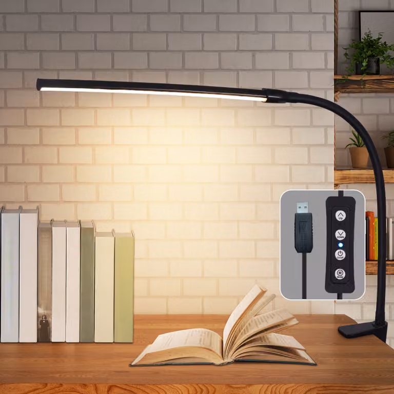 ZMH Lampada da tavolo Lampada da tavolo a LED Dimmerabile Lampada da tavolo Morsettibile Lampada da lavoro nera Lampada da tavolo 5W Lampada da ufficio Lampada a luce diurna Lampada a morsetto da ufficio con funzione di ricarica