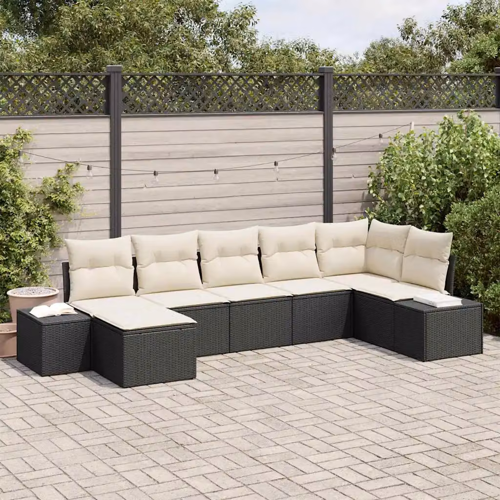 Set Divano da Giardino a L vidaXL 7 Pezzi in Polyrattan Nero con Cuscini Beige e Ottoman – 1