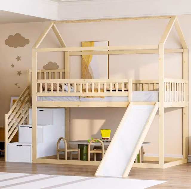 Letto a soppalco ULEVR 90x200 cm con scivolo e scala contenitore, legno naturale