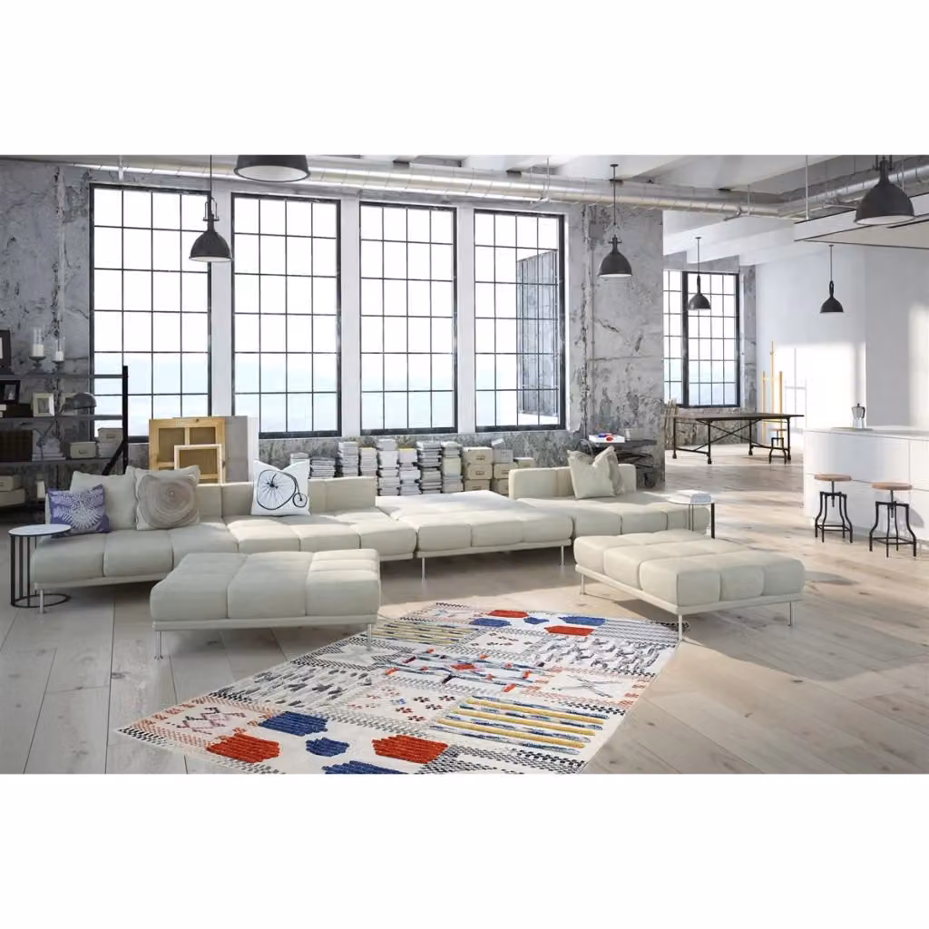 Tappeto rettangolare etnico e moderno Kendra Home in lana e cotone multicolore beige grigio e blu L: 170 cm, P: 120 cm – 2