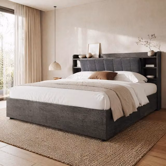 Letto 180x200 cm con contenitore idraulico; prese USB e Type-C in MDF grigio