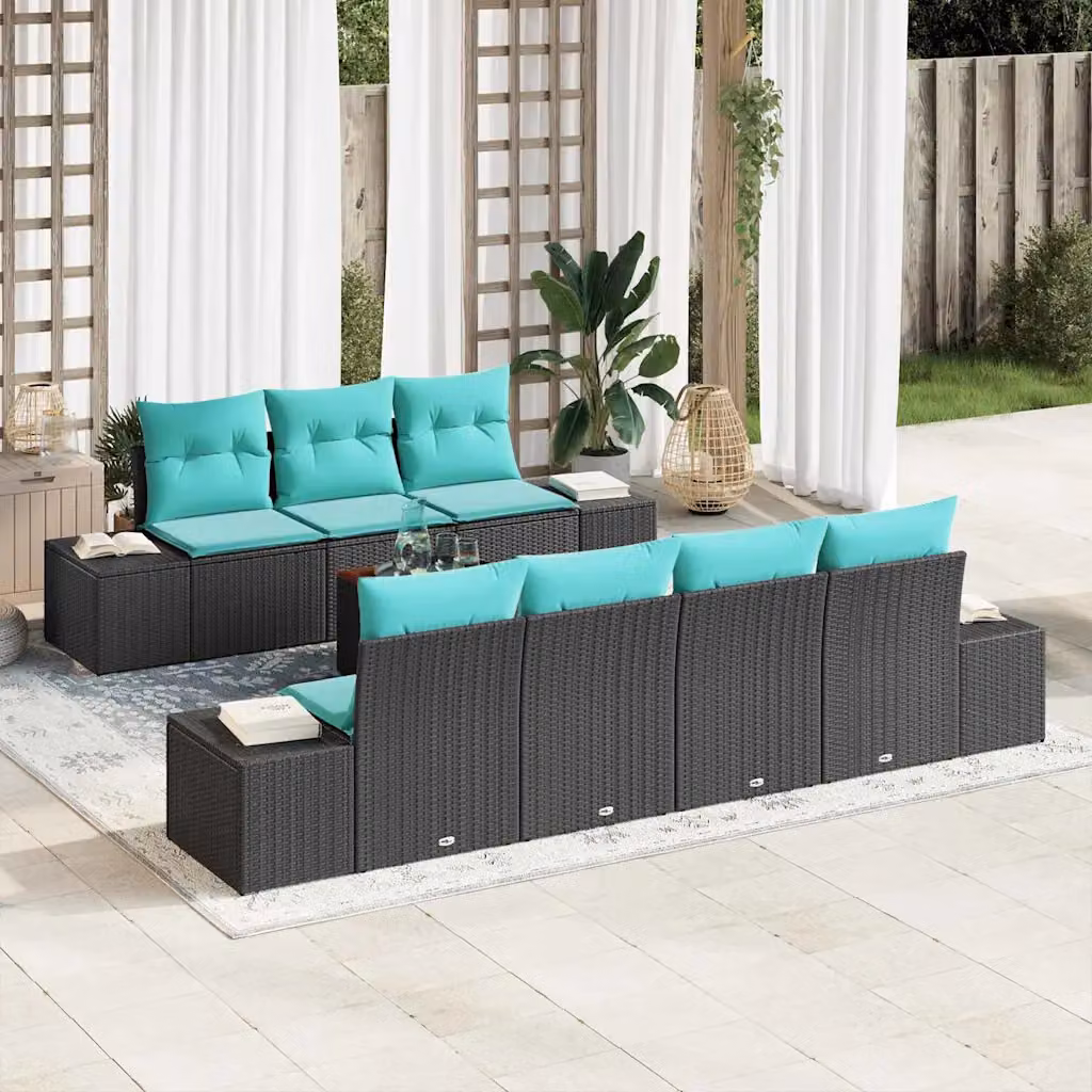 Set Divano da Giardino vidaXL 8 Pezzi Moderno in Polyrattan con Cuscini Nero e Turchese