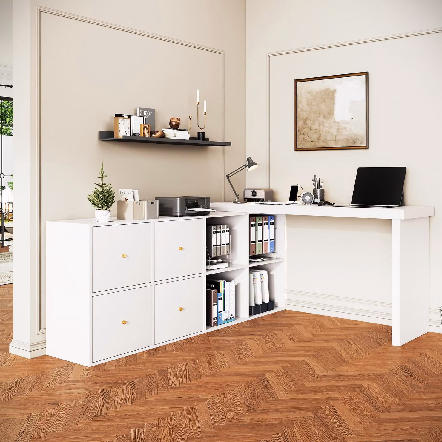 Tavolo STILVORA con piano girevole a 360°, scrivania a forma di L o lineare, con 4 scomparti e 4 cassetti, scrivania da computer bianca