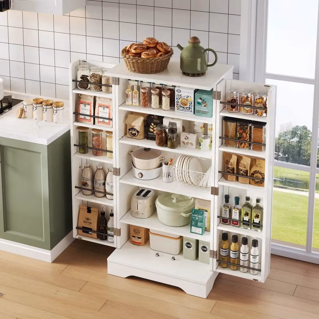Credenza da cucina alta moderna con illuminazione LED integrata, 2 ante e ripiani interni, bianca, L: 120 cm, P: 40 cm, H: 60 cm – 2