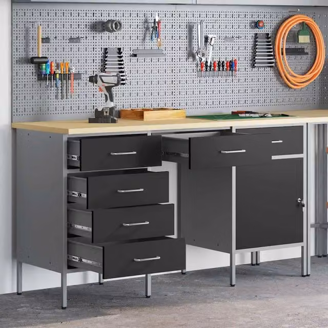 Set di 3 mobili da lavoro vidaXL in legno ingegnerizzato e acciaio, colore nero