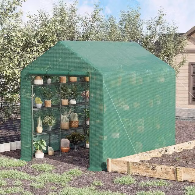 Serra da giardino WISHDOR in acciaio con ripiani e porta arrotolabile, verde, L: 244 cm, P: 210 cm, H: 180 cm