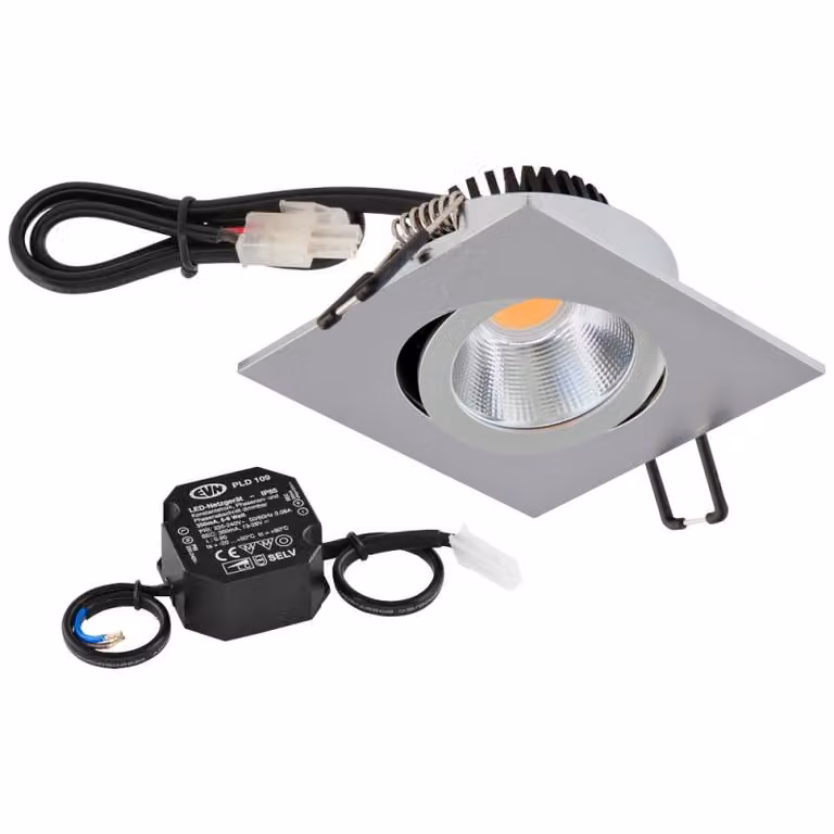 EVN P-LED da incasso a soffitto, quadrato, orientabile, cromo opaco (STL) IP20 8,4 W 3000 K 1010 lm 90 Ra dimmerabile, diametro di incasso 68 mm