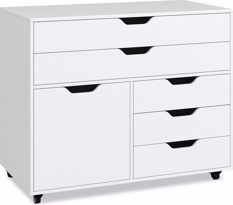 COSTWAY Cassettiera a 5 cassetti con anta, cassettiera mobile con 5 rotelle, schedario laterale mobile e supporto per stampante, mobile contenitore bianco