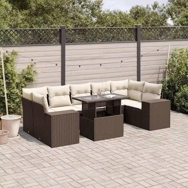Set Divani da Giardino 8 pz con Cuscini Marrone in Polyrattan 3269043