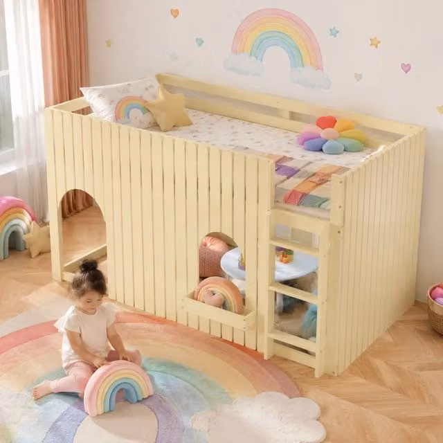 Letto a soppalco 90x200 cm con LED multicolore, scala a 3 gradini in pino e MDF naturale HAVRYA