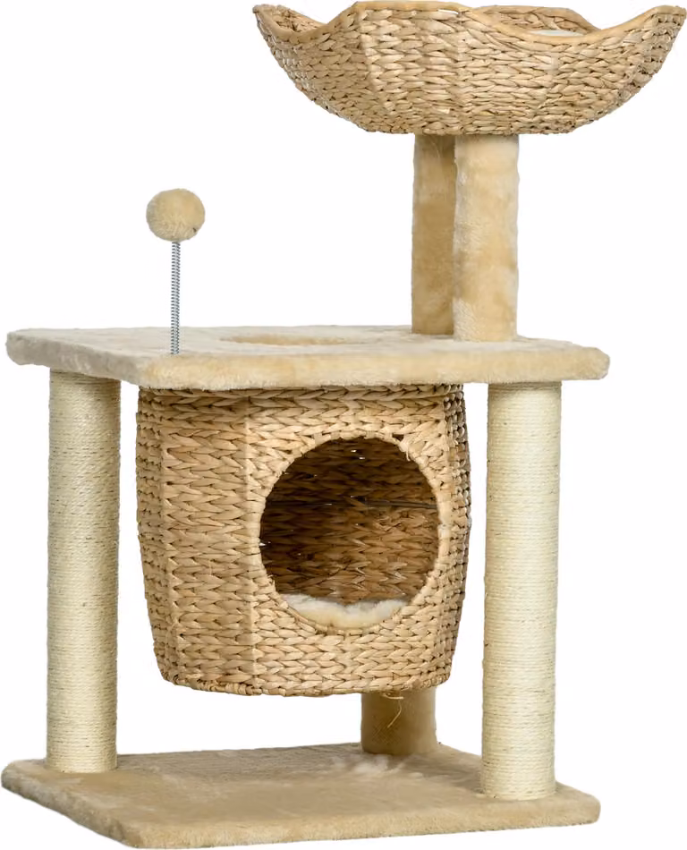 Moonbite Mini-Kratzbaum, 74 cm, design a cesto, con cuccia e lettino, pali in juta, cuscini in peluche, adatto per 1-2 gatti fino a 5 kg, realizzato in pannello di truciolato, colore beige