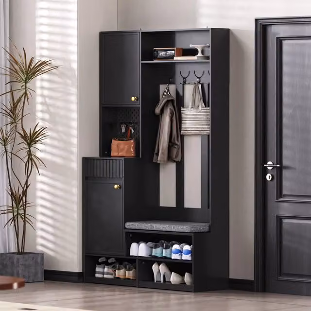 Set di mobili da ingresso con panca imbottita 4 ganci pannello forato e 2 cassetti MDF nero 100 × 35 × 180 cm