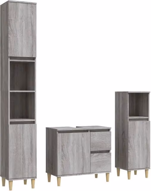 Set Mobili da Bagno Moderno in Legno Grigio con Mobile Lavabo e Colonna, L/P/H: 65 x 33 x 190 cm
