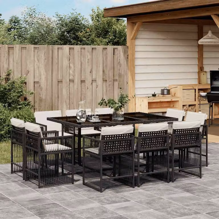 Set da pranzo da giardino vidaXL in polyrattan nero con cuscini e piano in vetro per 11 persone