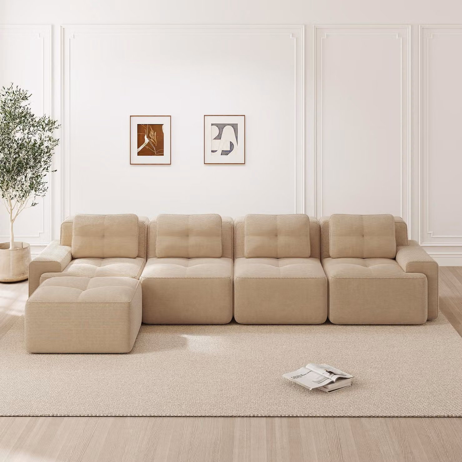 Divano angolare senza braccioli, a forma di L, per 4 persone, rivestito in corda, con seduta profonda, senza necessità di montaggio, antiscivolo (beige)
