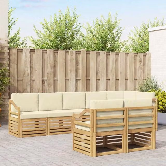 Set di divani da esterno a L vidaXL in legno di acacia con cuscini bianchi e beige – 1