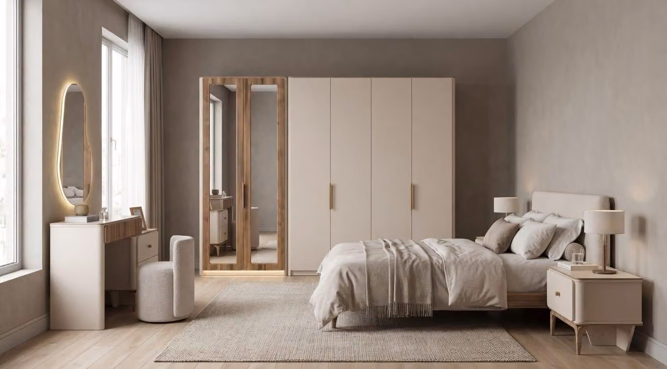 Set per camera da letto in stile scandinavo moderno, in legno beige, con armadio, specchio e design elegante