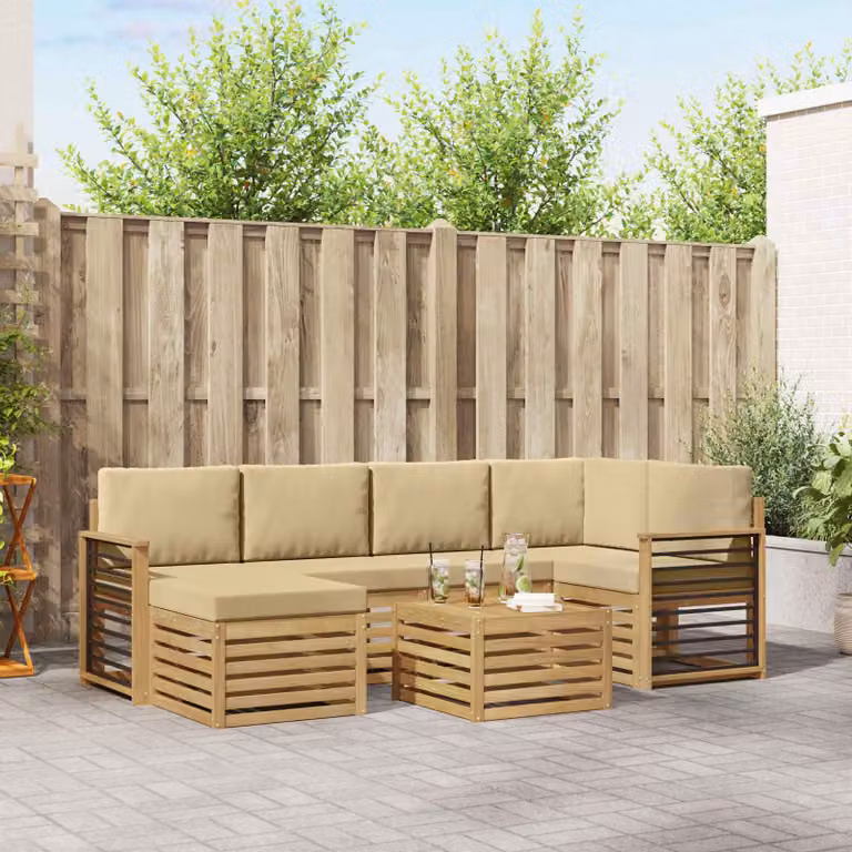 Set di divani da esterno vidaXL 7 pz a forma di L in legno di acacia con cuscini Bianco e Beige