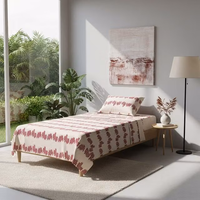 Completo letto singolo KASANOVA in cotone con fantasie geometriche moderne colore rosso, L/P/H: 90 x 200 cm