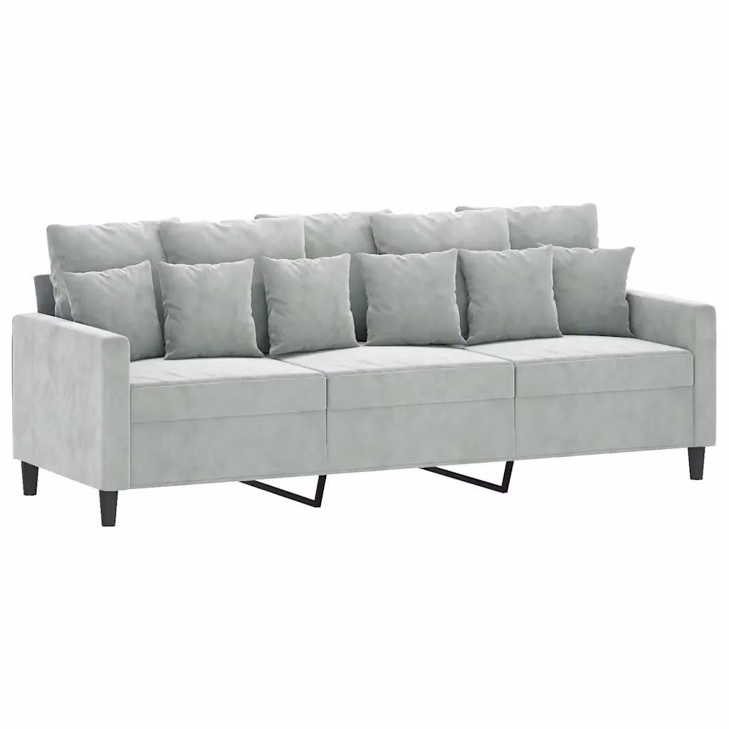 Divano Moderno a 3 Posti vidaXL in Velluto Grigio con Struttura in Metallo e Cuscini Inclusi L: 198 cm, P: 80 cm, H: 77 cm – 2