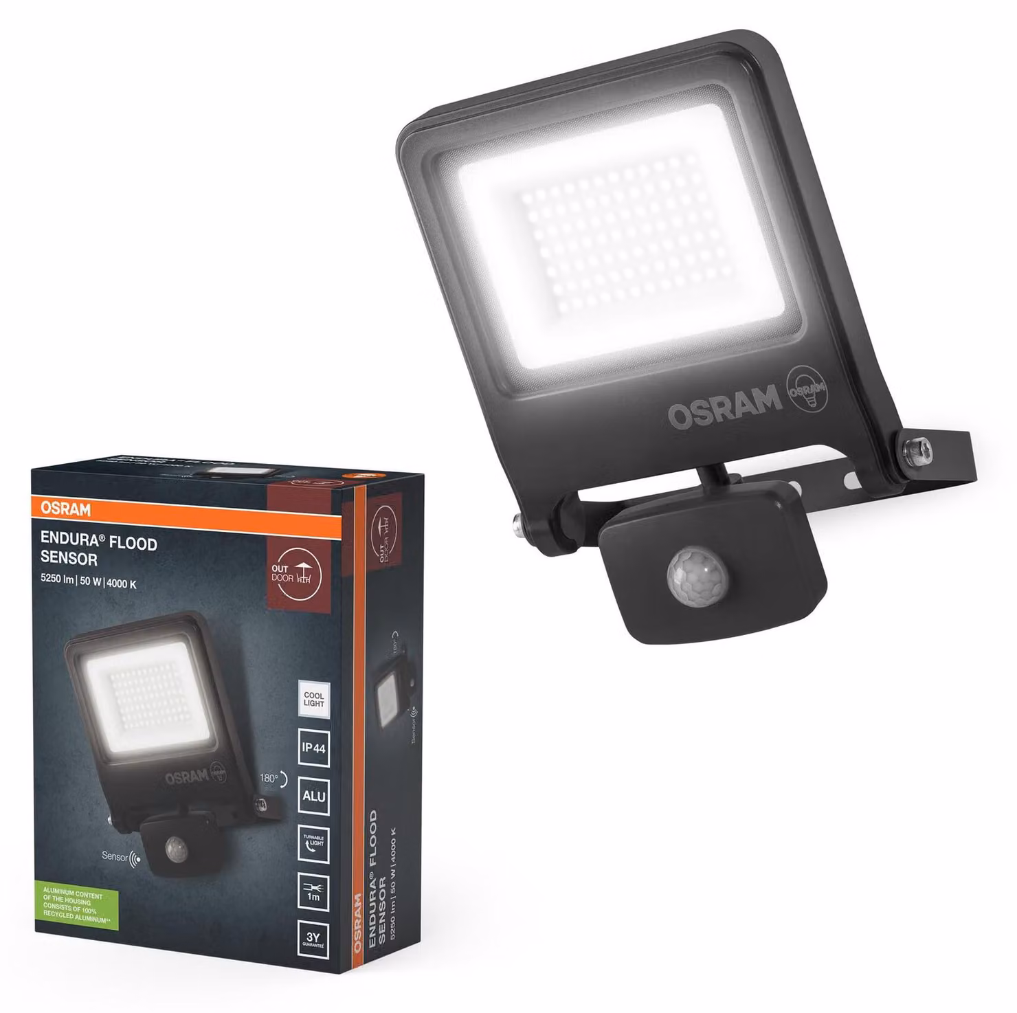 Sensore di movimento Osram ENDURA Flood, faretto esterno, 50W, 4000K, grigio, IP65 – confezione da 1, 50 Watt, temperatura di colore 4000K