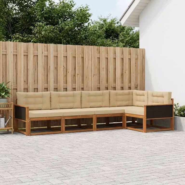 Set di divani da esterno vidaXL a forma di L in legno di acacia con cuscini, Beige e Marrone