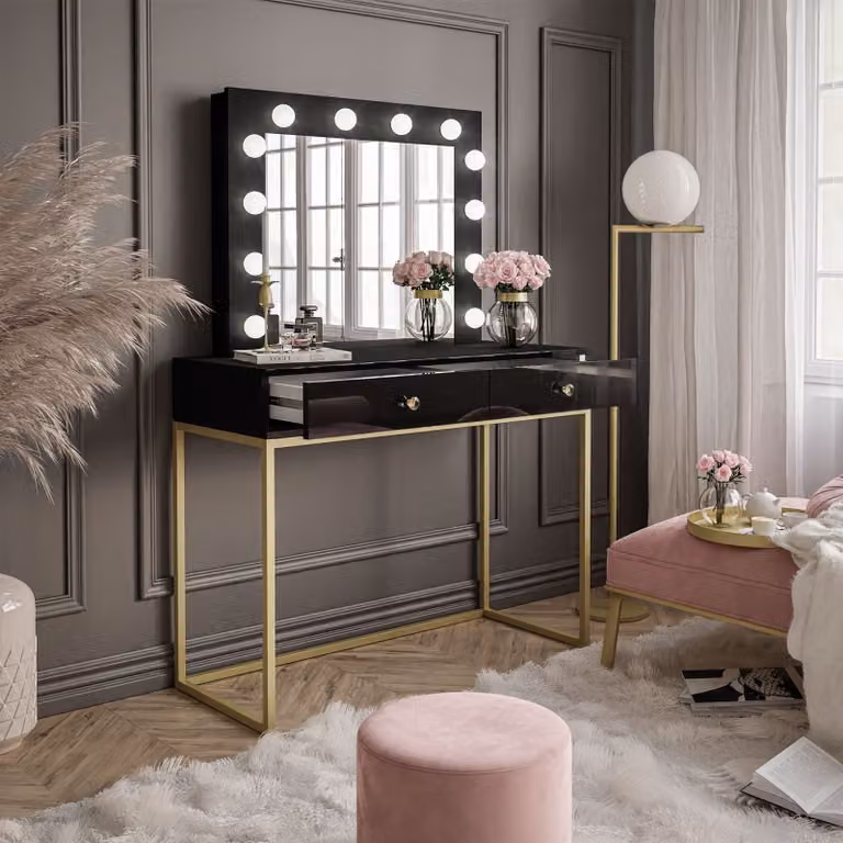Tavolo da trucco BLANCO GOLD con specchio e illuminazione a LED Oro opaco / Nero lucido Maniglia: cristallo bianco