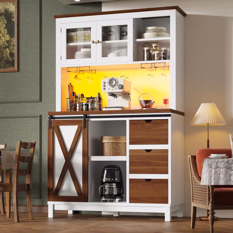 Armadio alto Flieks con illuminazione a LED e controllo tramite app, mobile da cucina con cassetto, anta scorrevole e tre cassetti, credenza 104x40x180 cm, bianco