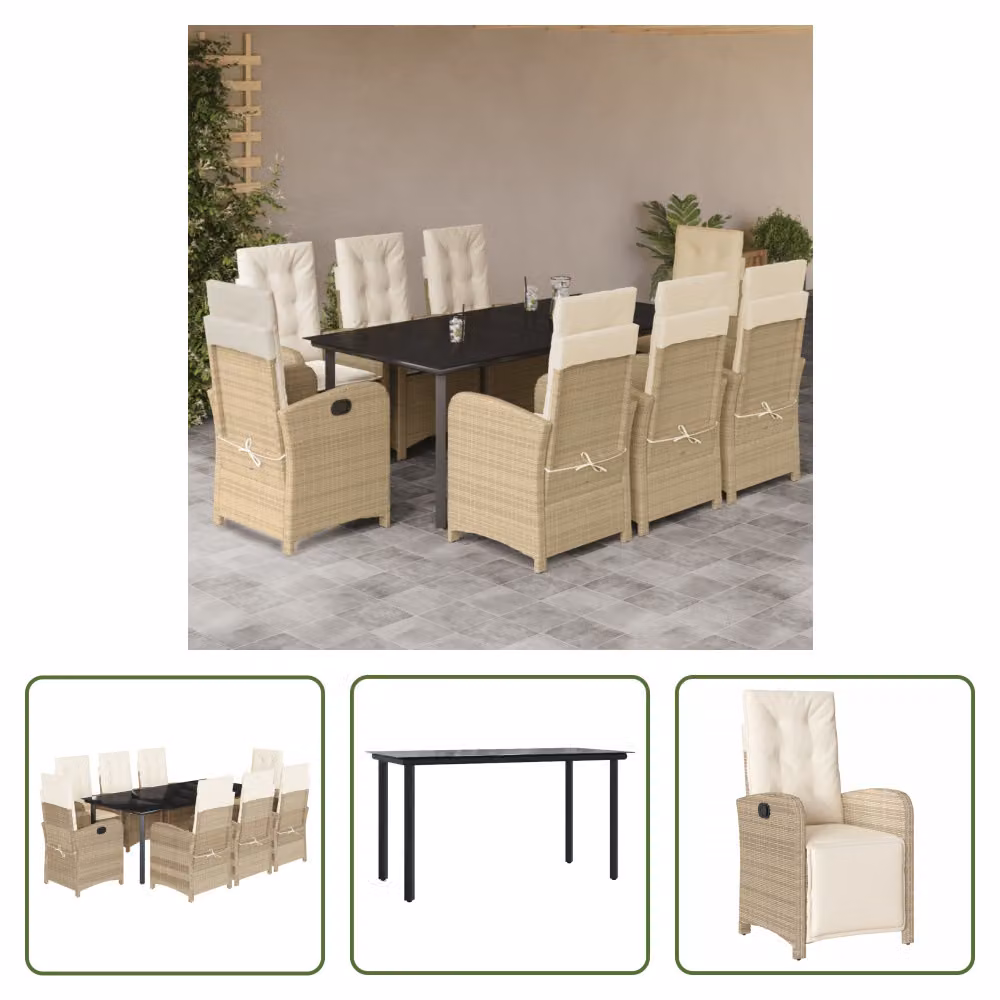 The Living Store Set da pranzo da giardino 9 pezzi con cuscini Beige poly rattan