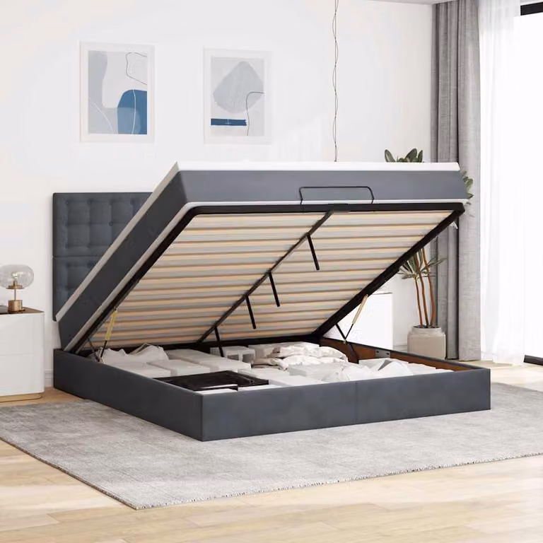 Letto con contenitore a sollevamento vidaXL in velluto grigio e bianco con porta USB e illuminazione sottostante L: 180 cm, P: 200 cm, H: 128 cm