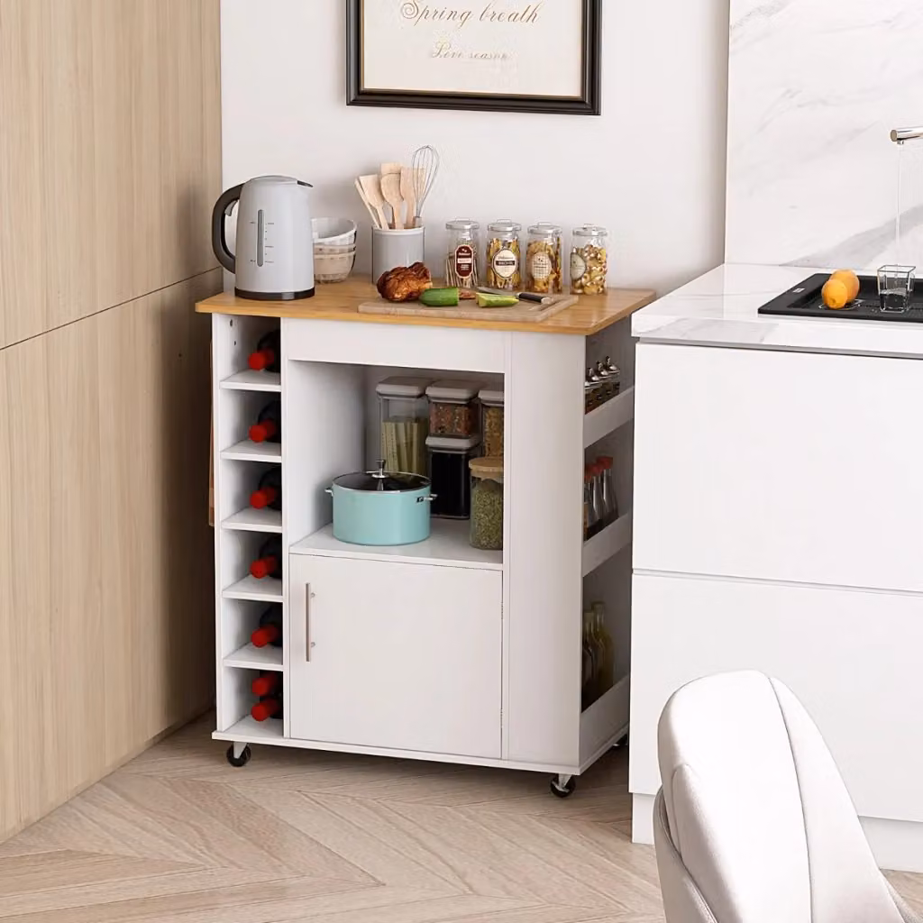 Isola da cucina con ruote e portabottiglie a 6 scomparti con piano in bambù, Carrello moderno bianco L/P/H: 76 x 44 x 89 cm – 2