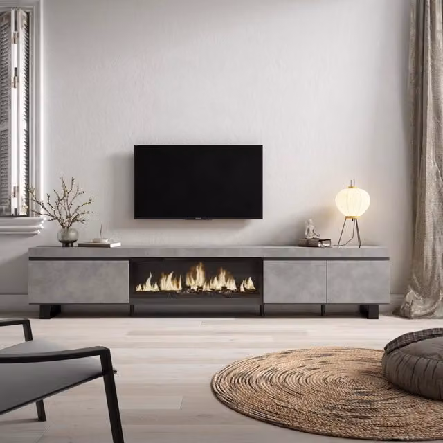 Mobile TV Soggiorno, 288x35x57cm, TV di grande formato, Camino elettrico XXL, Design industriale, grigio cemento RF3618